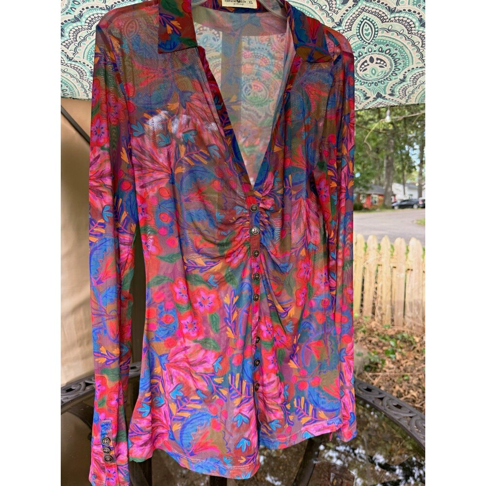 Natural Life Blouse Womens XL Floral Mesh V-Neck Long Sleeve Button